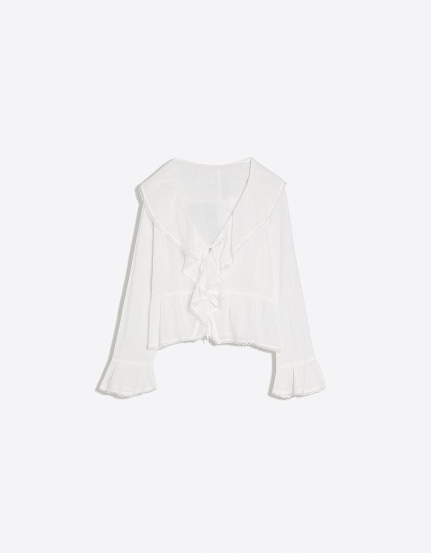 Blusa rústica de manga comprida com babados